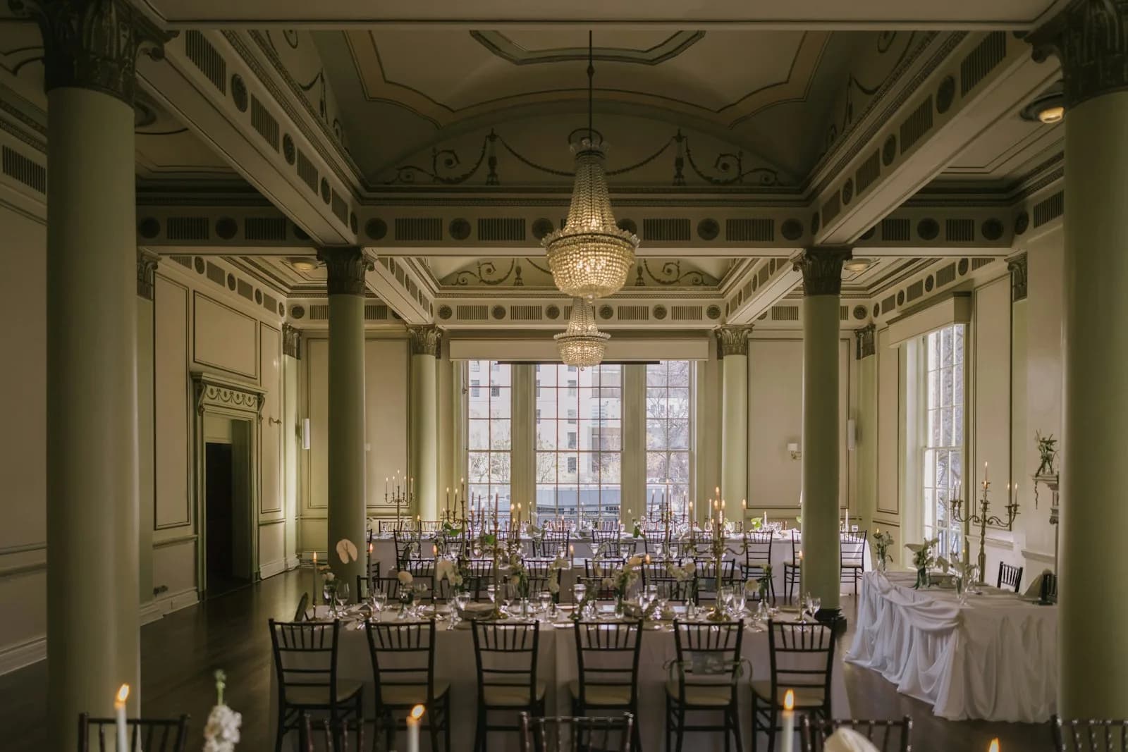 An elegant ballroom set for a gala dinner