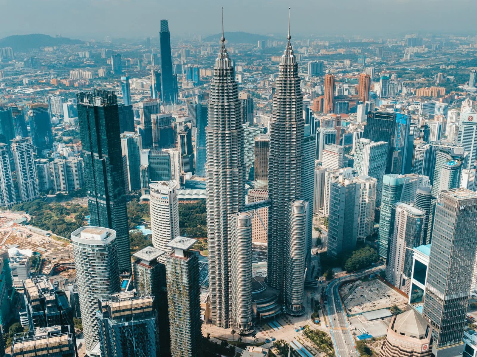 An aerial view of the Kuala Lumpur skyline and towers