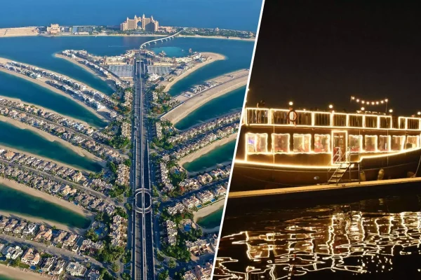 Night Dubai with a dhow cruise+ The View at The Palm (Private)